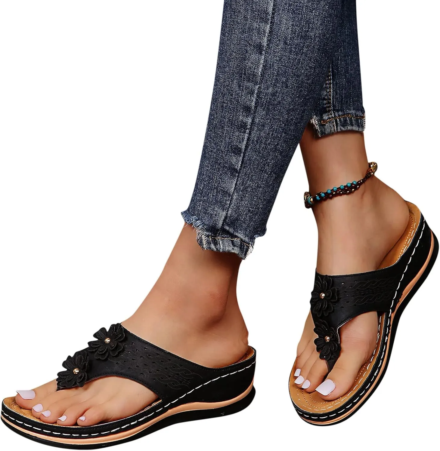 Orthopedic Sandals for Women Arch Support Sandals Women's Clip Sandals Flip Flops Comfy Wedge Walking Slippers Anti-Slip Breathable Sandals Women Dressy Summer Beach Travel Flip Flops (Black, 7.5)