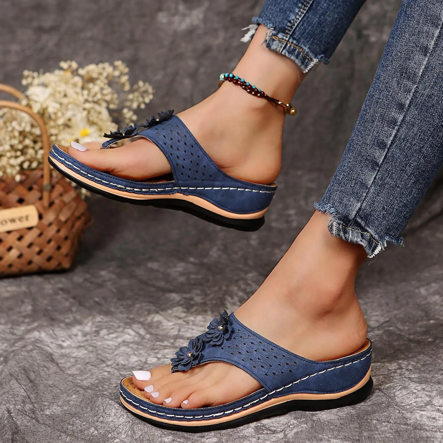 Orthopedic Sandals for Women, Indoor Outdoor Sandals Women Dressy Summer Flat Walking Slippers with Arch Support Anti-Slip Slip On Sandal Flip Flops Beach Travel Clip Toe Comfortable (e-Blue, 7)