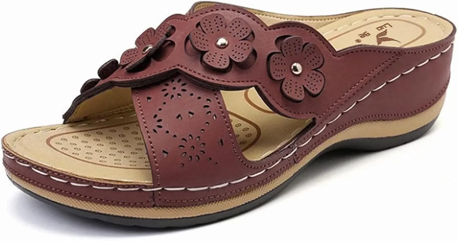 Orthopedic Sandals for Women, Women Wedge Walking Slippers with Arch Support Anti-Slip Breathable Sandal Slip On Flip Flops Dressy Summer Comfy Platform Beach Travel Sandal Shoes (01-Brown, 7)