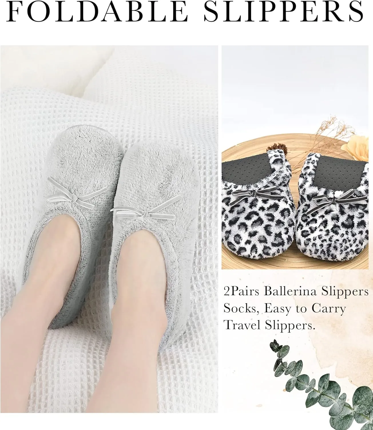 Panda Bros 2 Pairs Women's Ballerina House Slippers, Anti-Skid Comfy Warm Ballet Style Slippers