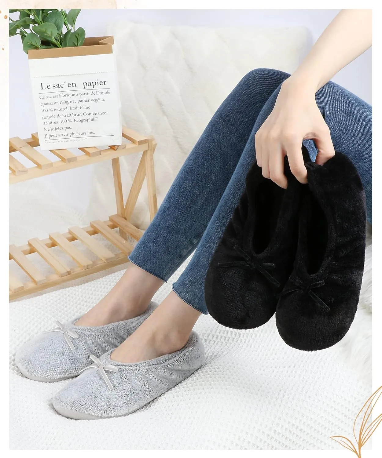 Panda Bros 2 Pairs Women's Ballerina House Slippers, Anti-Skid Comfy Warm Ballet Style Slippers