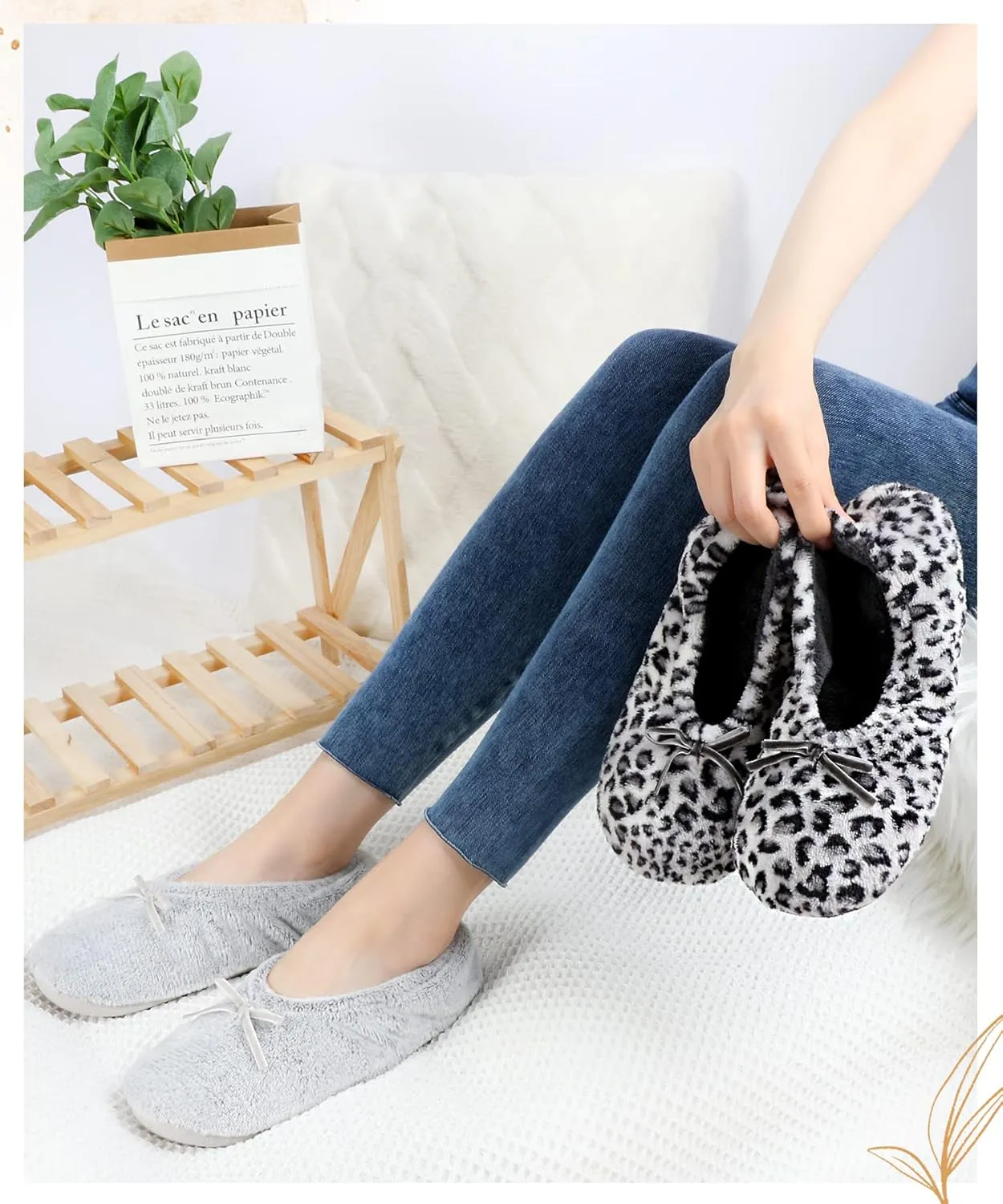 Panda Bros 2 Pairs Women's Ballerina House Slippers, Anti-Skid Comfy Warm Ballet Style Slippers