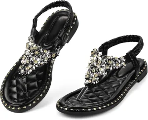 Perphy Rhinestone Elastic T-Strap Dressy Slip Flat Bohemian Flip Flop Sandals for Women