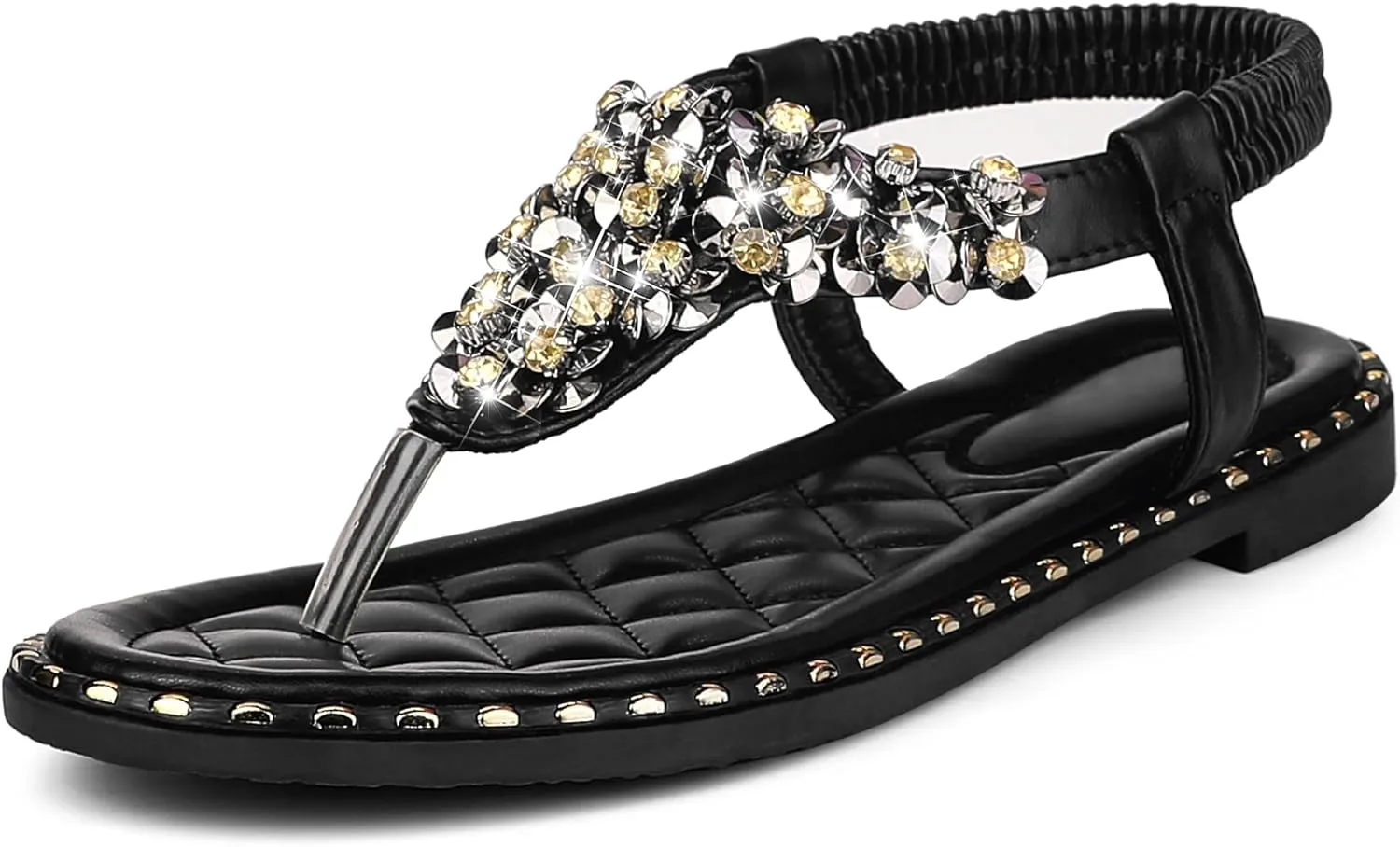 Perphy Rhinestone Elastic T-Strap Dressy Slip Flat Bohemian Flip Flop Sandals for Women