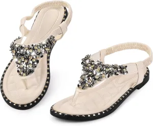 Perphy Rhinestone Elastic T-Strap Dressy Slip Flat Bohemian Flip Flop Sandals for Women