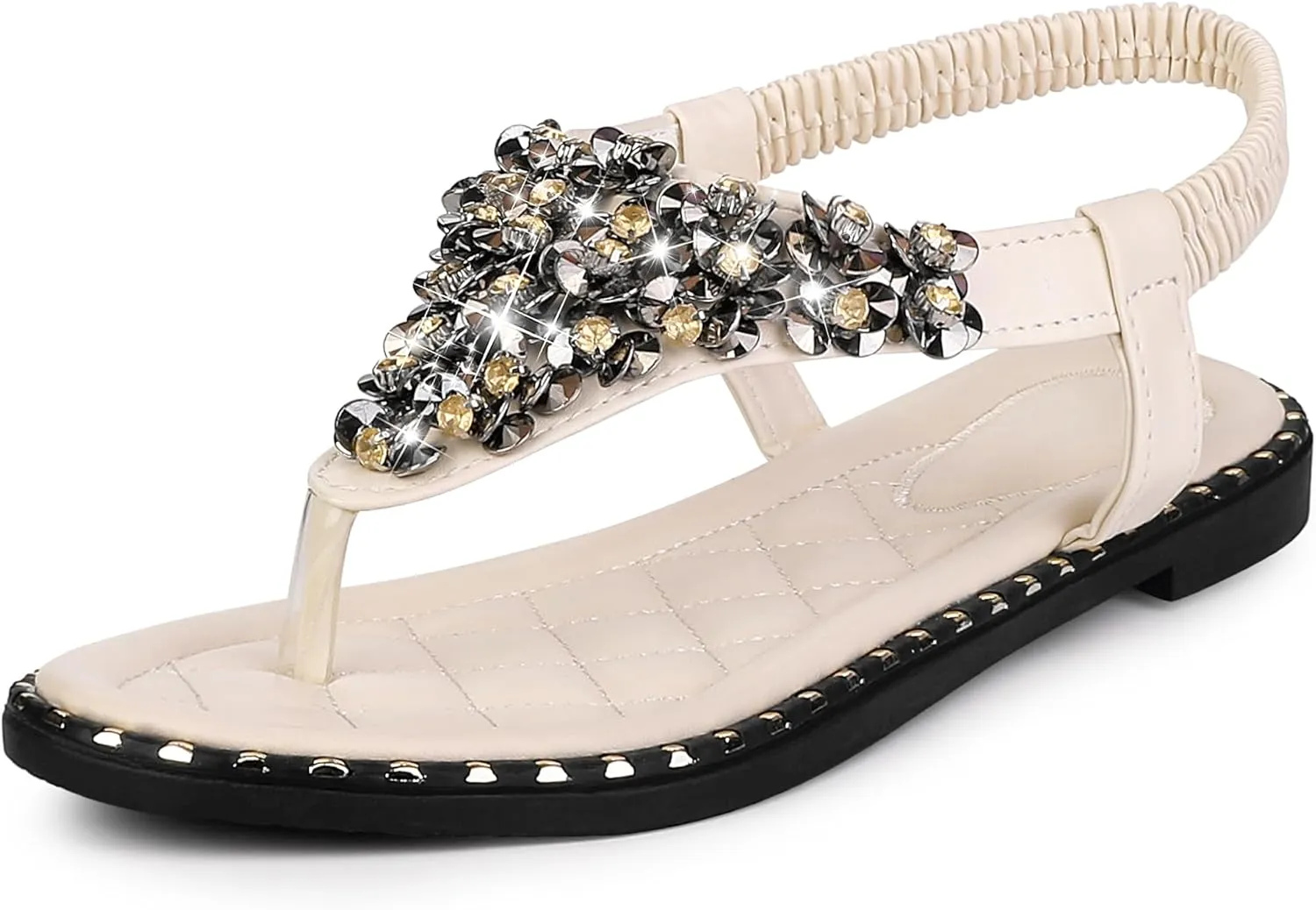 Perphy Rhinestone Elastic T-Strap Dressy Slip Flat Bohemian Flip Flop Sandals for Women