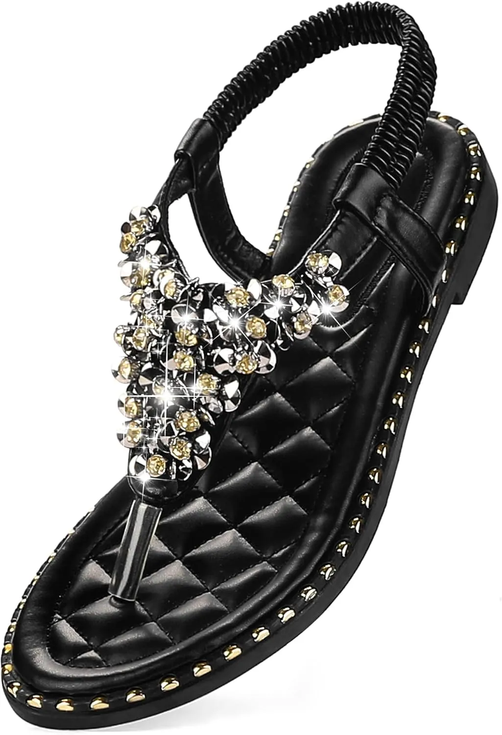 Perphy Rhinestone Elastic T-Strap Dressy Slip Flat Bohemian Flip Flop Sandals for Women