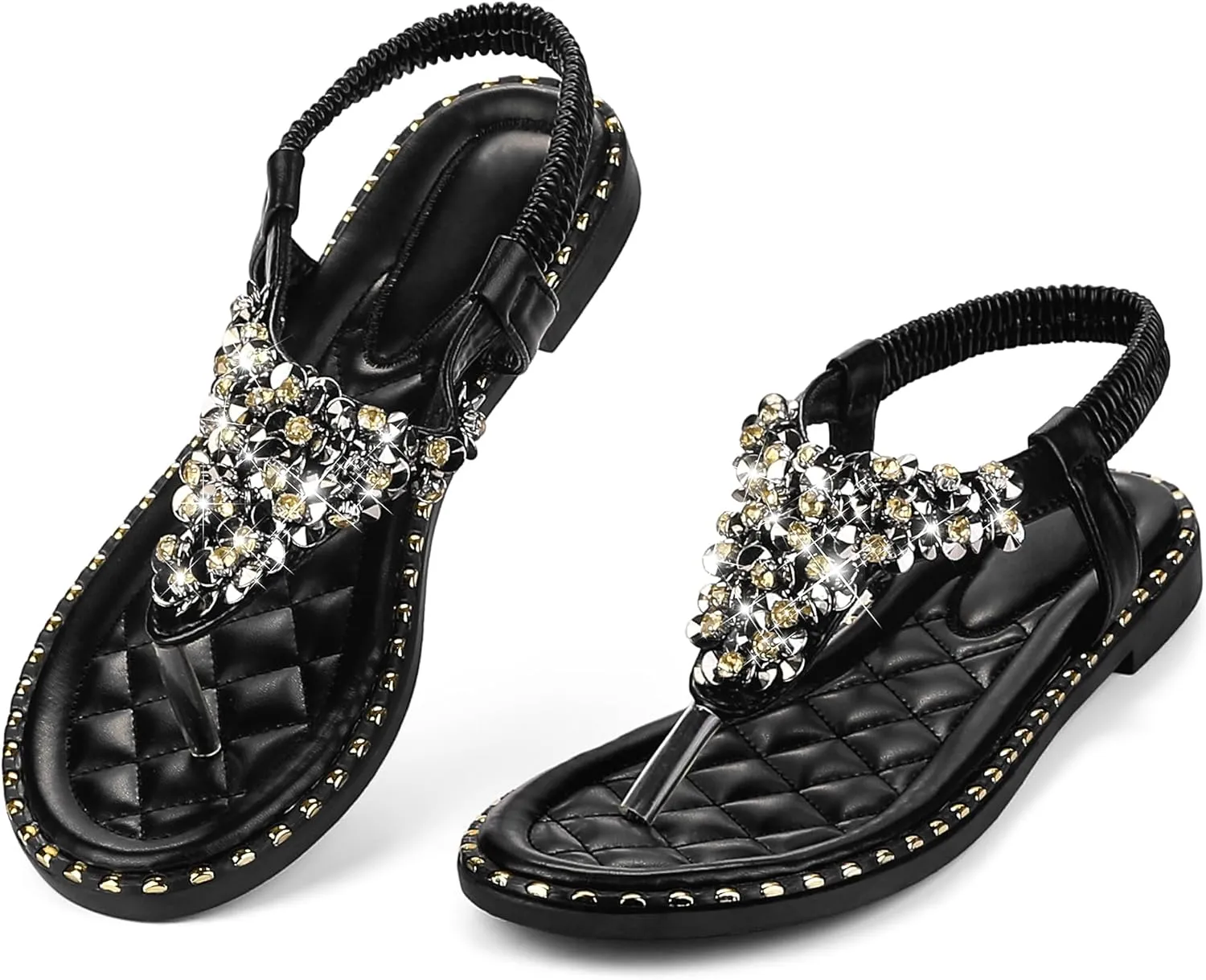 Perphy Rhinestone Elastic T-Strap Dressy Slip Flat Bohemian Flip Flop Sandals for Women