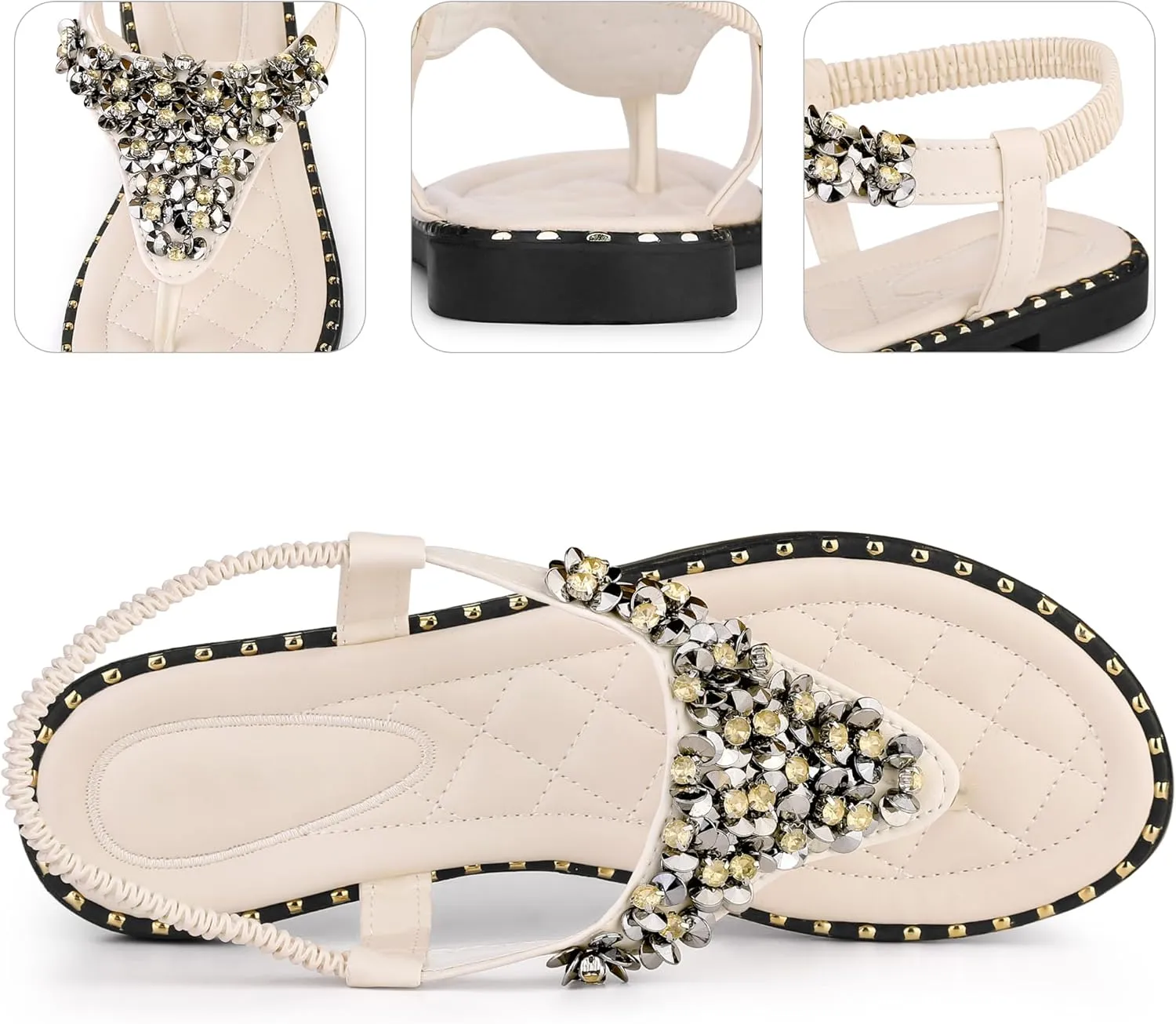 Perphy Rhinestone Elastic T-Strap Dressy Slip Flat Bohemian Flip Flop Sandals for Women