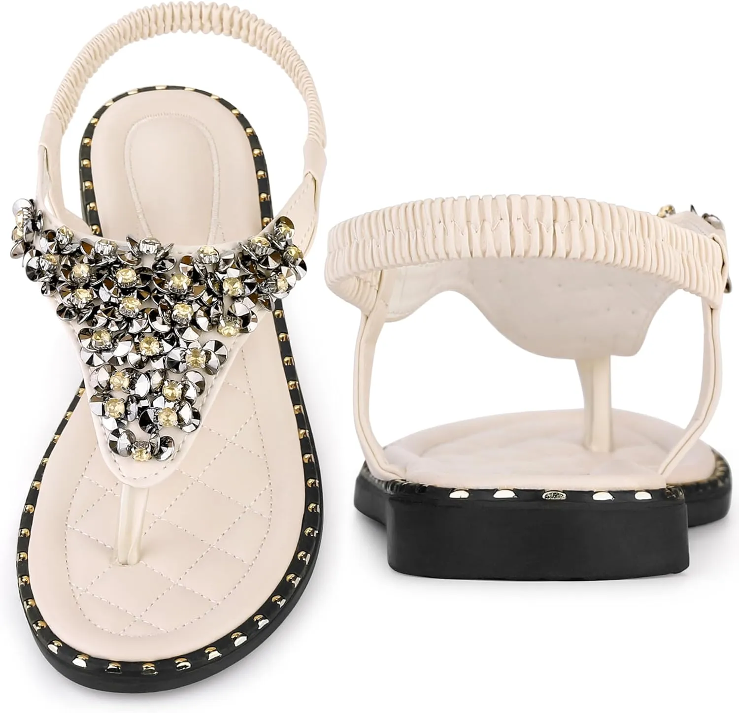 Perphy Rhinestone Elastic T-Strap Dressy Slip Flat Bohemian Flip Flop Sandals for Women
