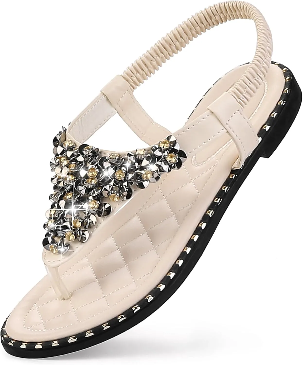 Perphy Rhinestone Elastic T-Strap Dressy Slip Flat Bohemian Flip Flop Sandals for Women