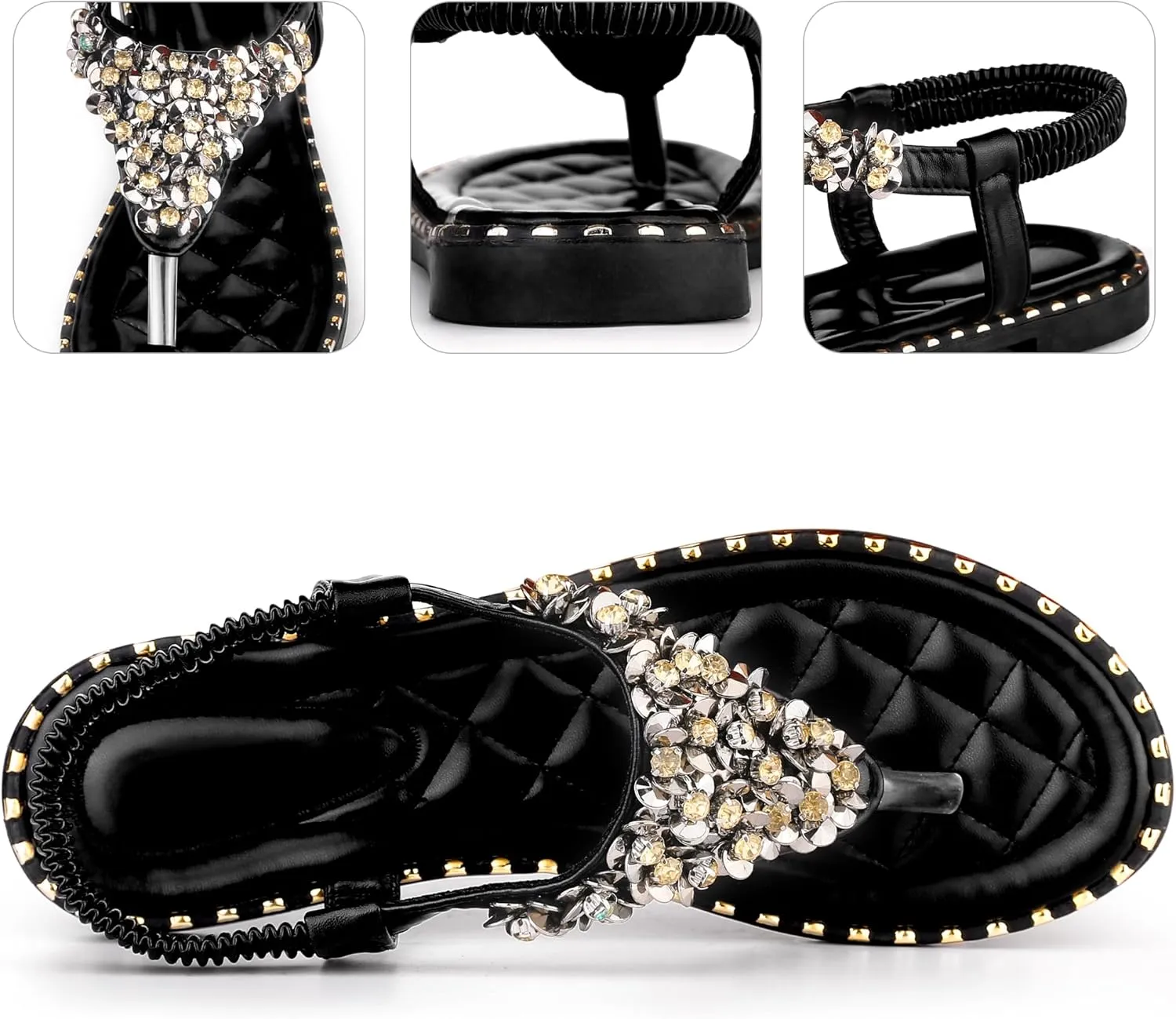 Perphy Rhinestone Elastic T-Strap Dressy Slip Flat Bohemian Flip Flop Sandals for Women