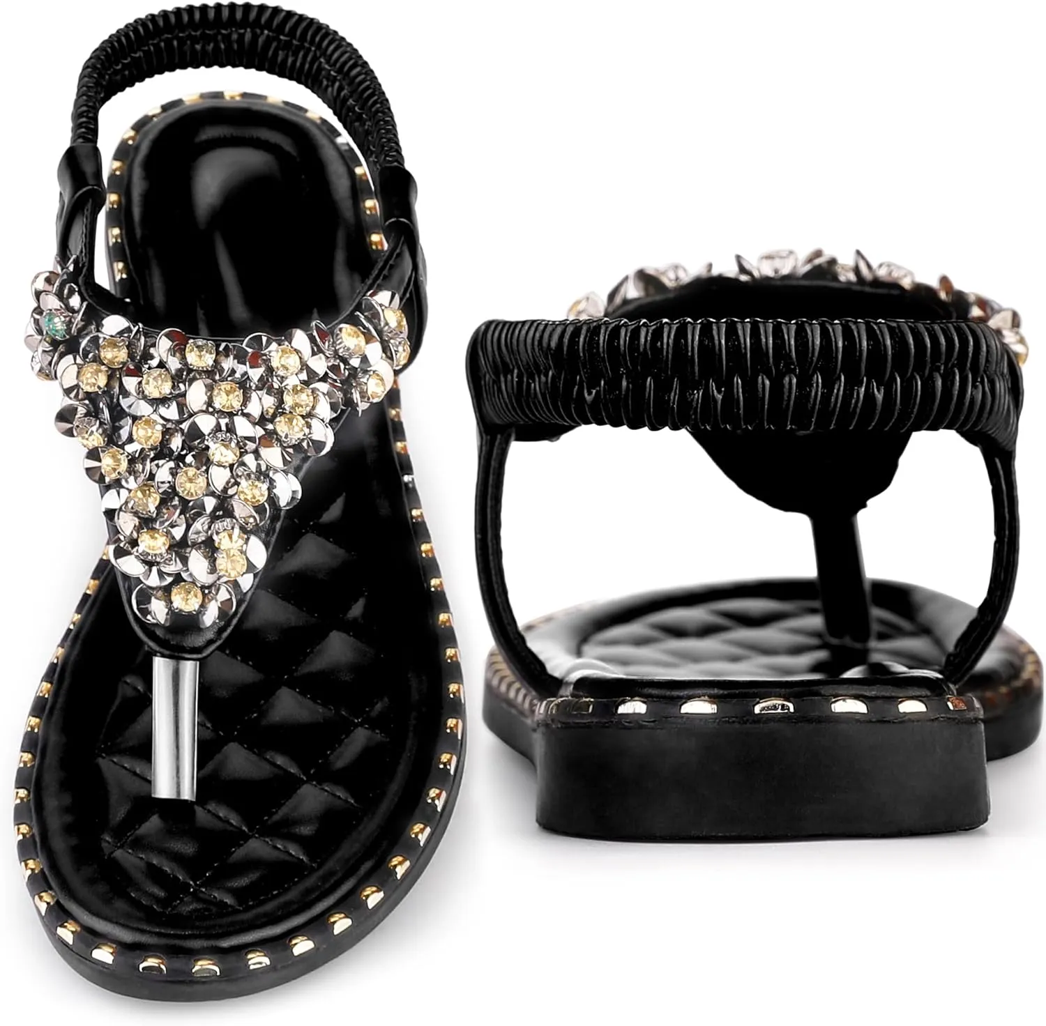 Perphy Rhinestone Elastic T-Strap Dressy Slip Flat Bohemian Flip Flop Sandals for Women