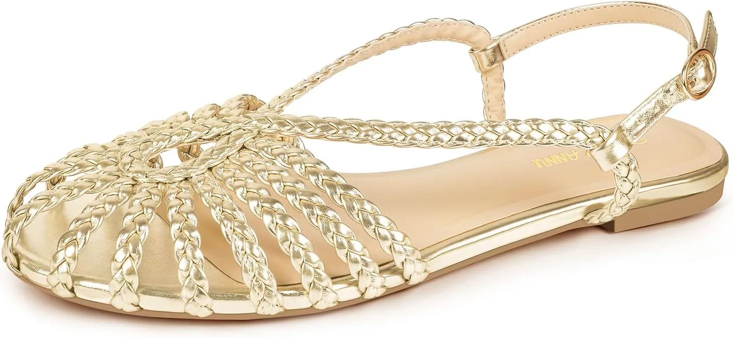 PIZZ ANNU Women's Sophia Braided Flat Sandals Comfortable Memory Foam Walking Shoes Summer Gladiator Slingback Ankle Strap Strappy Sandals