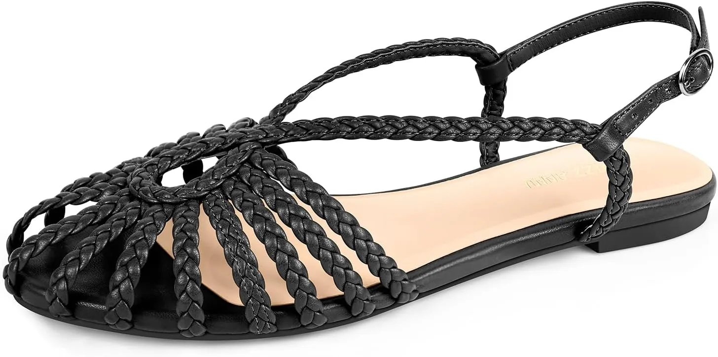 PIZZ ANNU Women's Sophia Braided Flat Sandals Comfortable Memory Foam Walking Shoes Summer Gladiator Slingback Ankle Strap Strappy Sandals