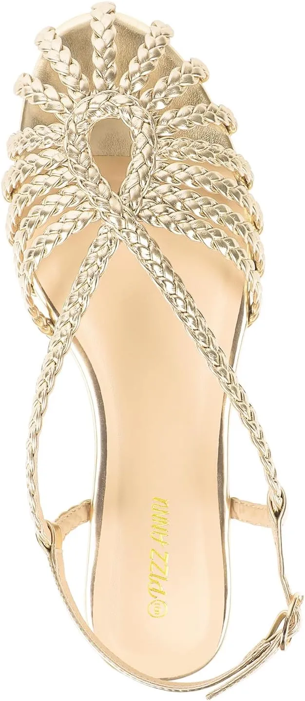 PIZZ ANNU Women's Sophia Braided Flat Sandals Comfortable Memory Foam Walking Shoes Summer Gladiator Slingback Ankle Strap Strappy Sandals