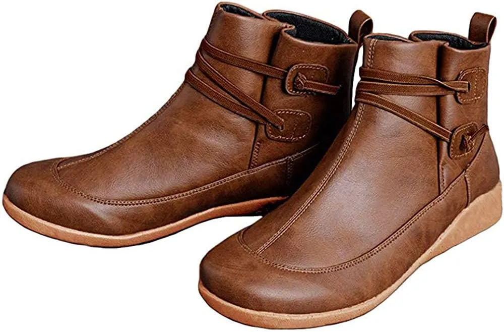 Ru Sweet Women's Arch Support Fashion Lace up Side Zip Vintage Booties Flat Heel