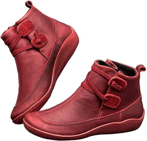 Ru Sweet Women's Arch Support Fashion Lace up Side Zip Vintage Booties Flat Heel