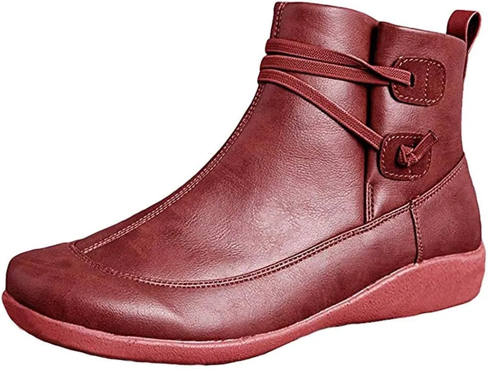 Ru Sweet Women's Arch Support Fashion Lace up Side Zip Vintage Booties Flat Heel