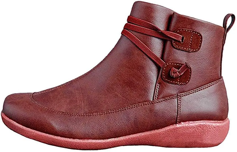 Ru Sweet Women's Arch Support Fashion Lace up Side Zip Vintage Booties Flat Heel