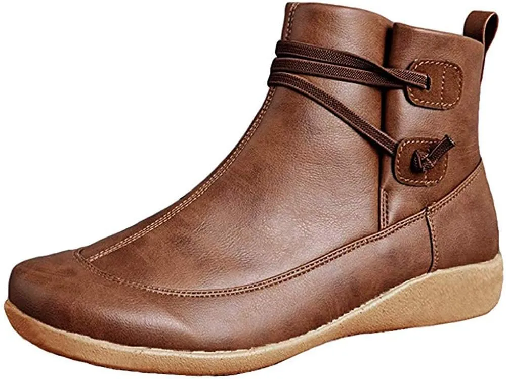 Ru Sweet Women's Arch Support Fashion Lace up Side Zip Vintage Booties Flat Heel