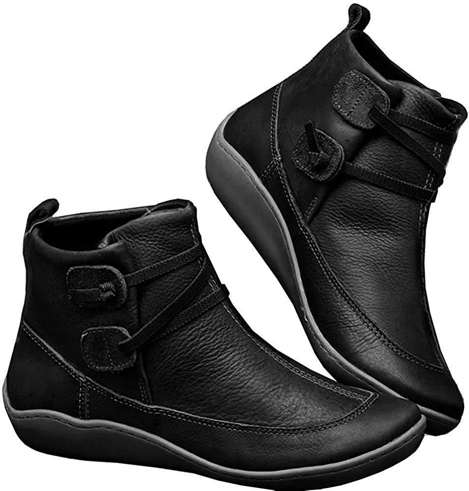 Ru Sweet Women's Arch Support Fashion Lace up Side Zip Vintage Booties Flat Heel