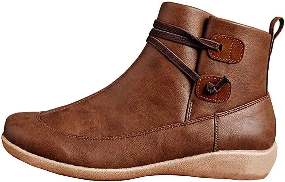 Ru Sweet Women's Arch Support Fashion Lace up Side Zip Vintage Booties Flat Heel