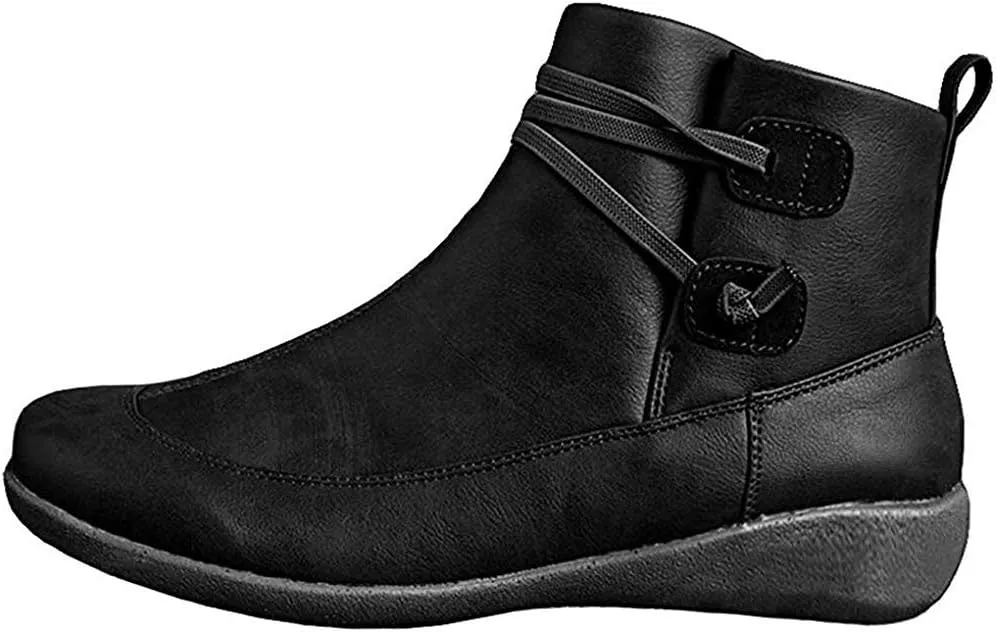 Ru Sweet Women's Arch Support Fashion Lace up Side Zip Vintage Booties Flat Heel