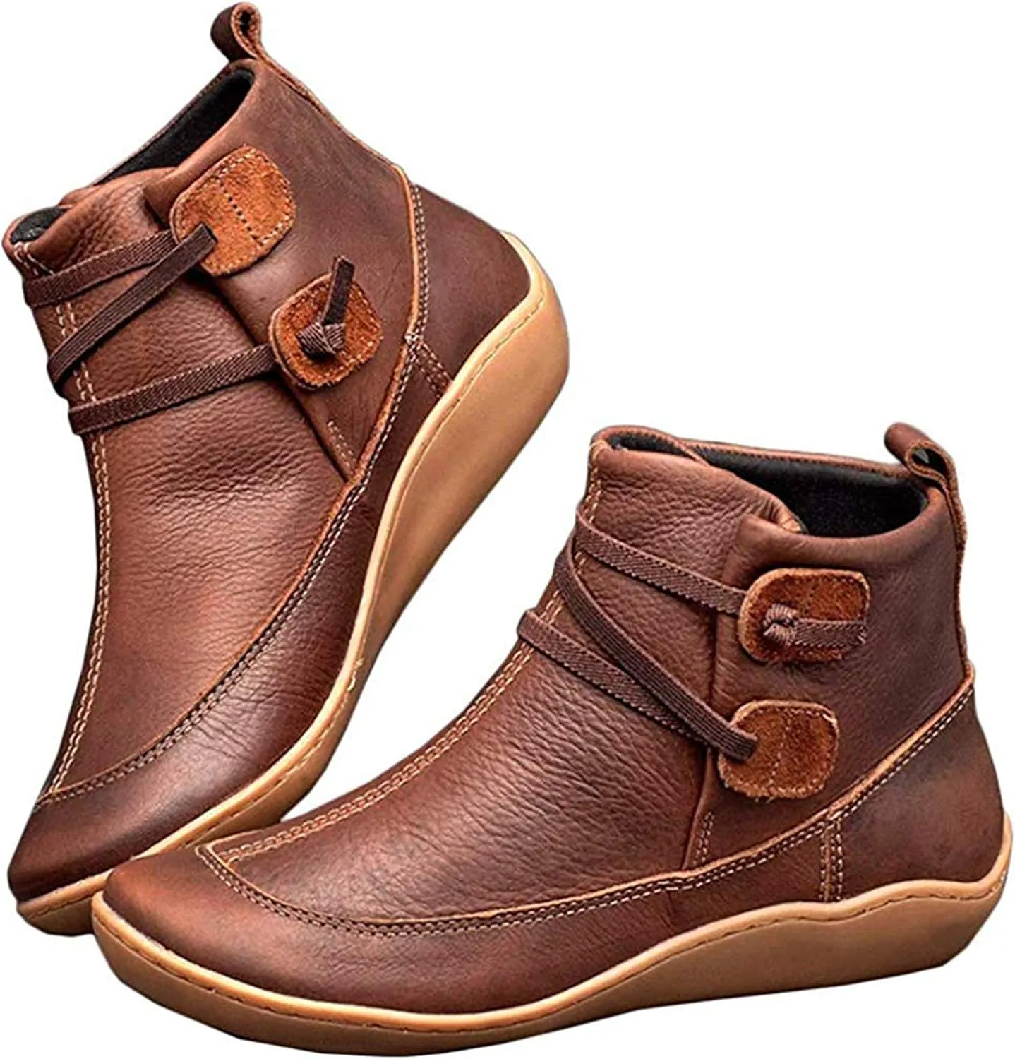 Ru Sweet Women's Arch Support Fashion Lace up Side Zip Vintage Booties Flat Heel