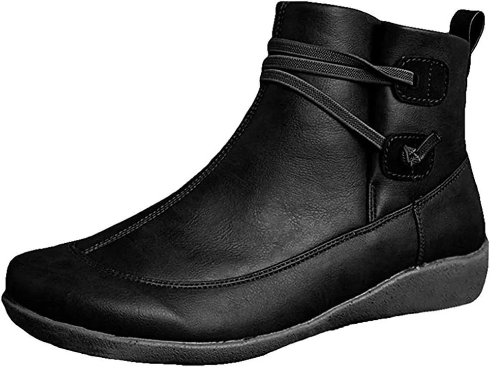 Ru Sweet Women's Arch Support Fashion Lace up Side Zip Vintage Booties Flat Heel