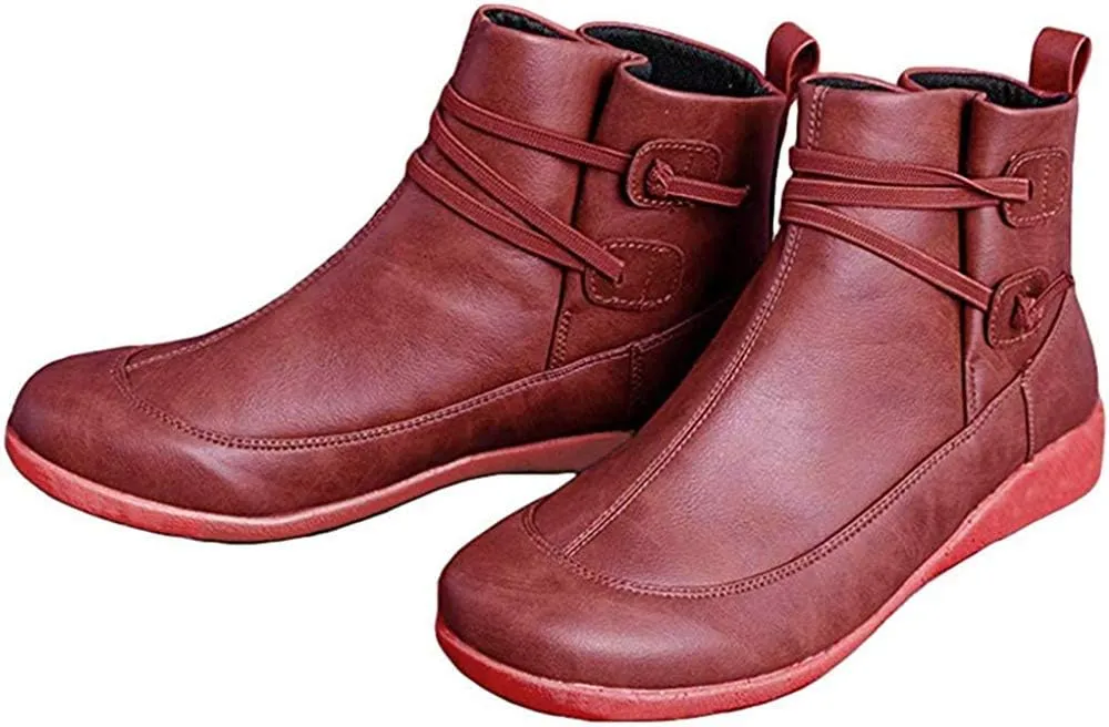 Ru Sweet Women's Arch Support Fashion Lace up Side Zip Vintage Booties Flat Heel