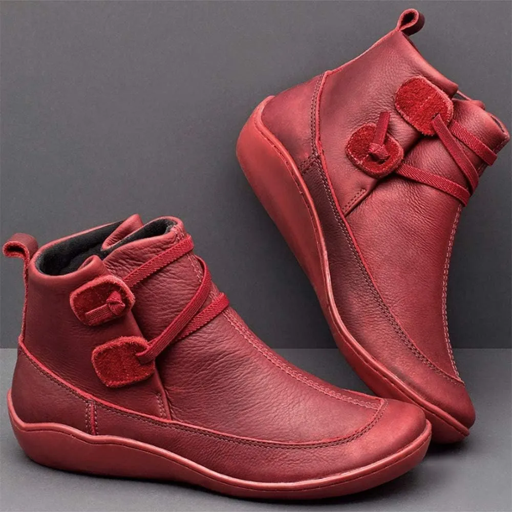 Ru Sweet Women's Arch Support Fashion Lace up Side Zip Vintage Booties Flat Heel