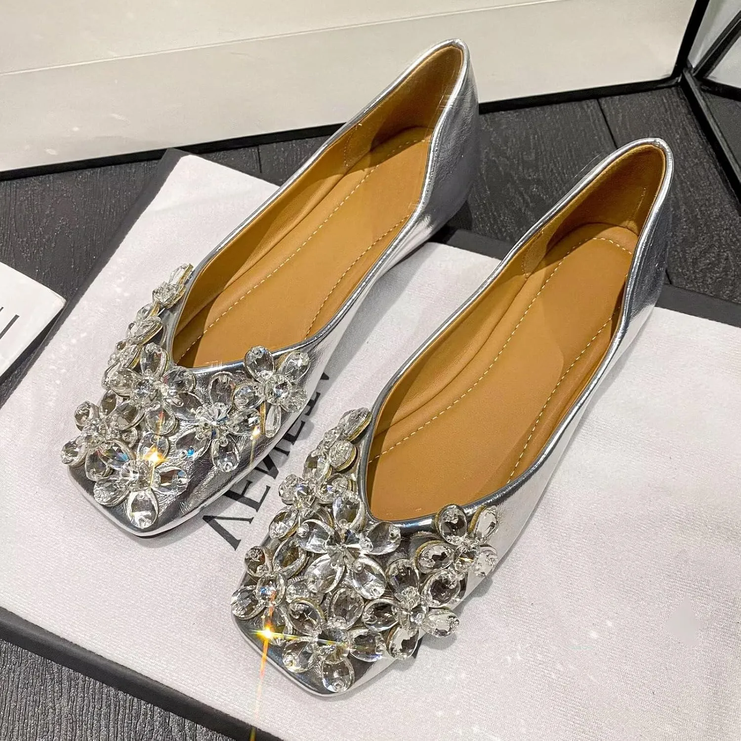 SAILING LU Womens Rhinestones Square Toe Ballet Flats Dressy Comfortable Flat Shoes Wedding Elegant Slip-Ons for Women