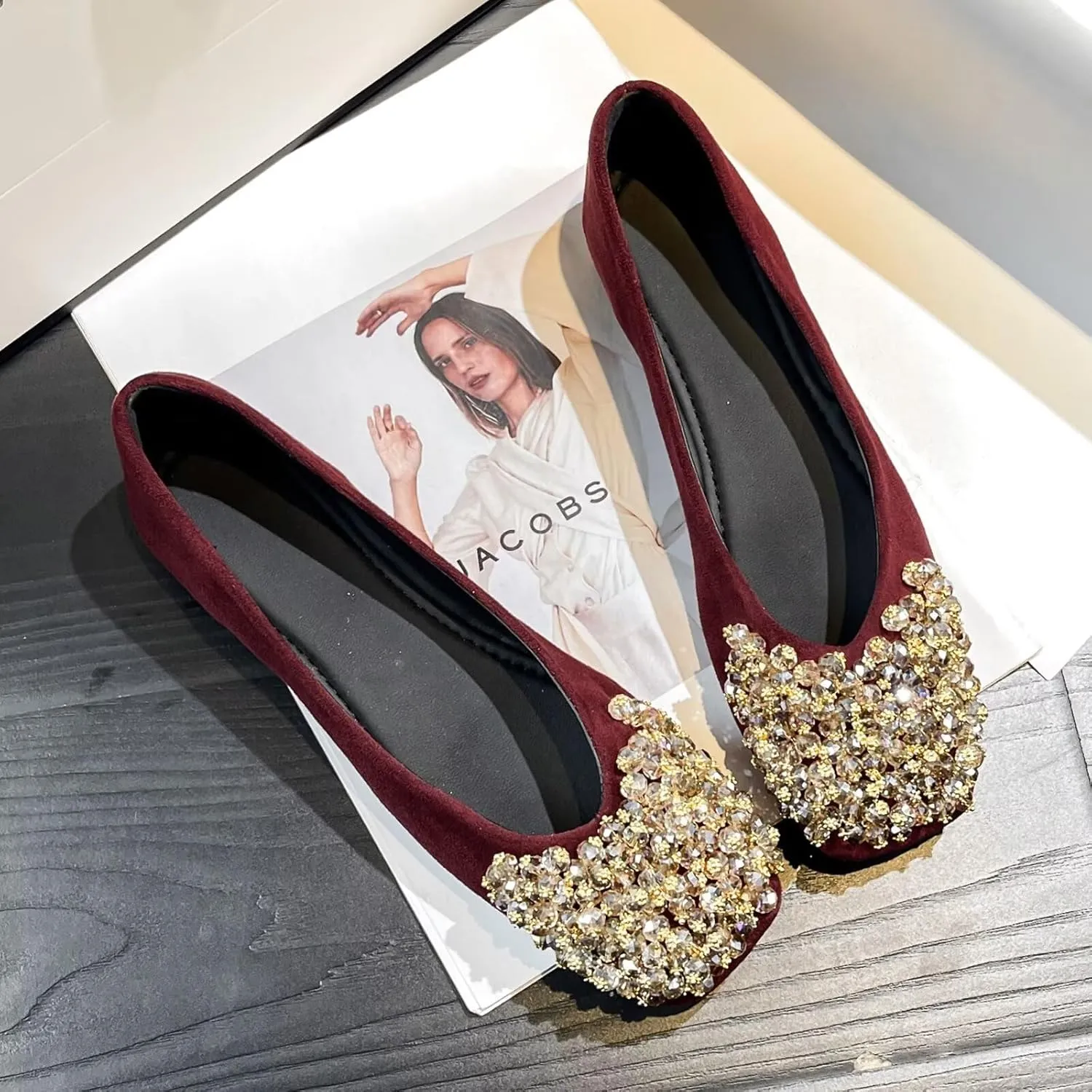 SAILING LU Womens Rhinestones Square Toe Ballet Flats Dressy Comfortable Flat Shoes Wedding Elegant Slip-Ons for Women