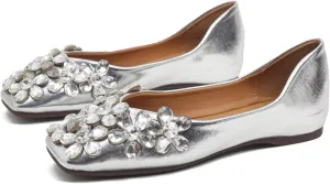 SAILING LU Womens Rhinestones Square Toe Ballet Flats Dressy Comfortable Flat Shoes Wedding Elegant Slip-Ons for Women