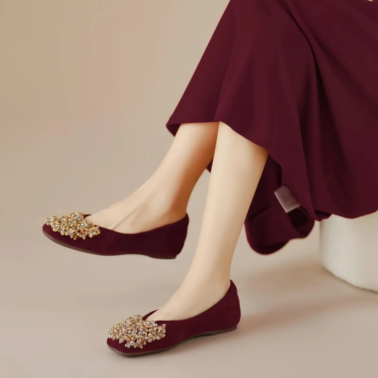 SAILING LU Womens Rhinestones Square Toe Ballet Flats Dressy Comfortable Flat Shoes Wedding Elegant Slip-Ons for Women
