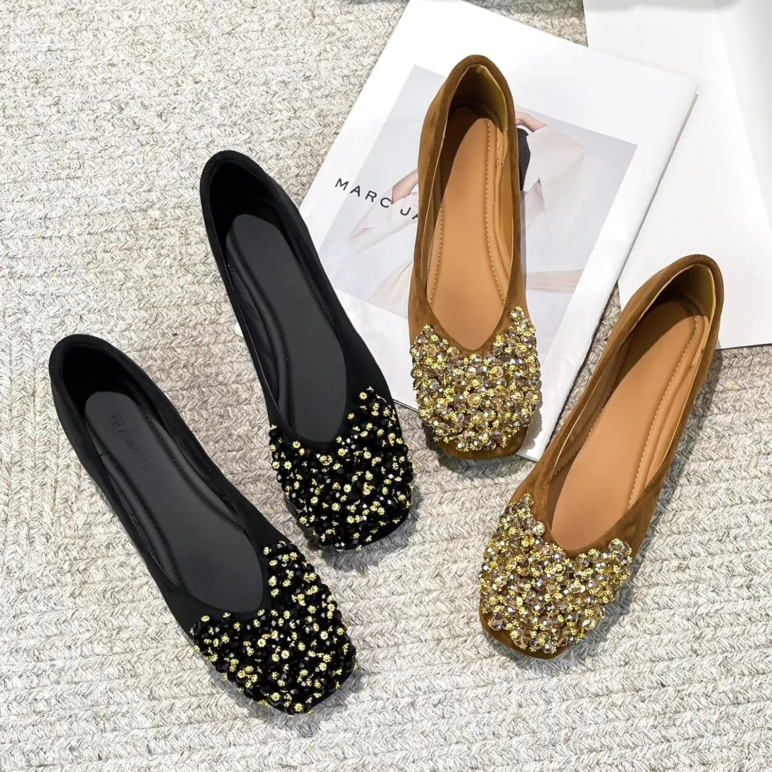 SAILING LU Womens Rhinestones Square Toe Ballet Flats Dressy Comfortable Flat Shoes Wedding Elegant Slip-Ons for Women