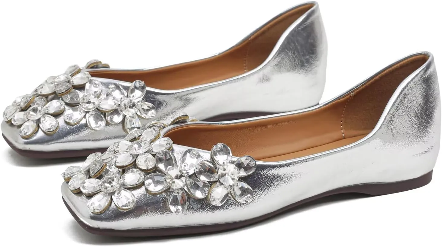 SAILING LU Womens Rhinestones Square Toe Ballet Flats Dressy Comfortable Flat Shoes Wedding Elegant Slip-Ons for Women