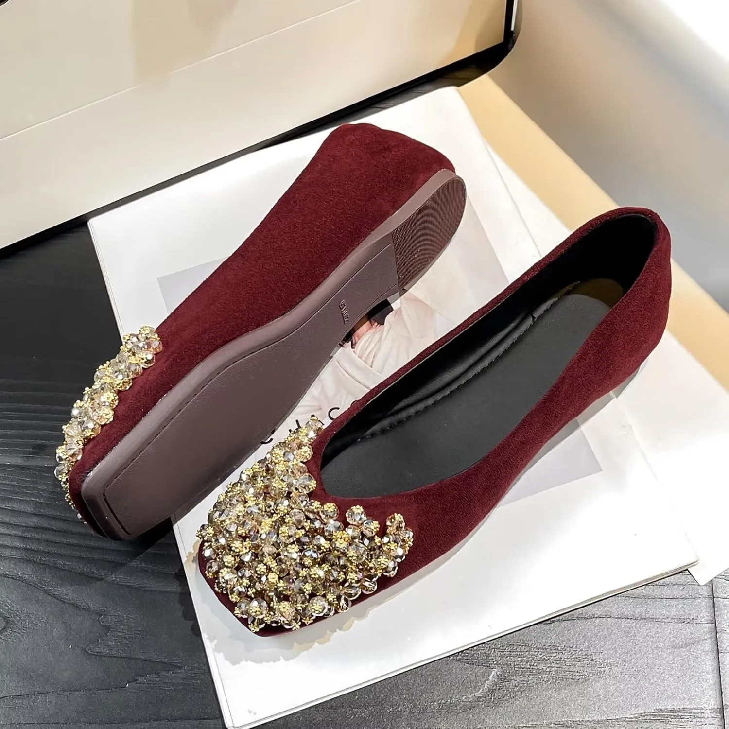 SAILING LU Womens Rhinestones Square Toe Ballet Flats Dressy Comfortable Flat Shoes Wedding Elegant Slip-Ons for Women