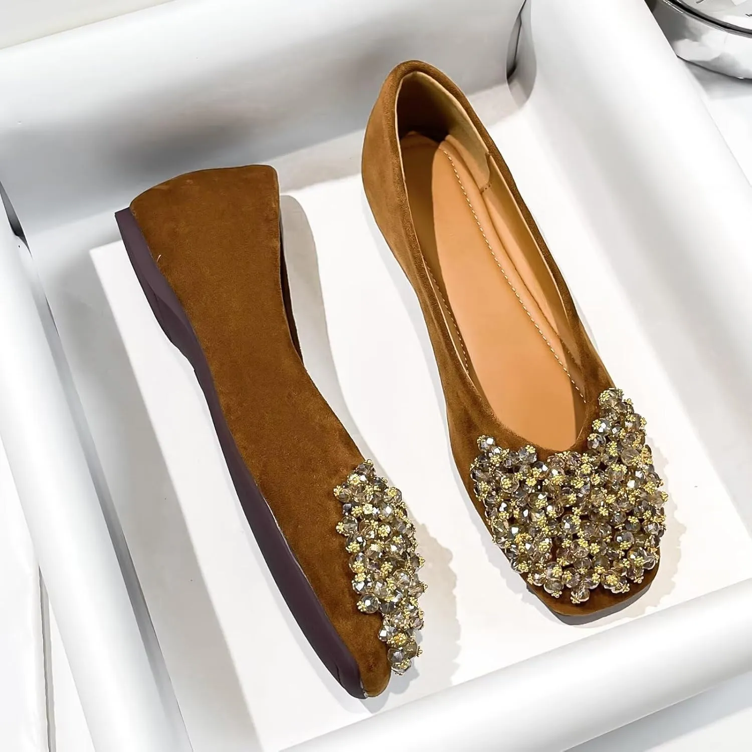 SAILING LU Womens Rhinestones Square Toe Ballet Flats Dressy Comfortable Flat Shoes Wedding Elegant Slip-Ons for Women
