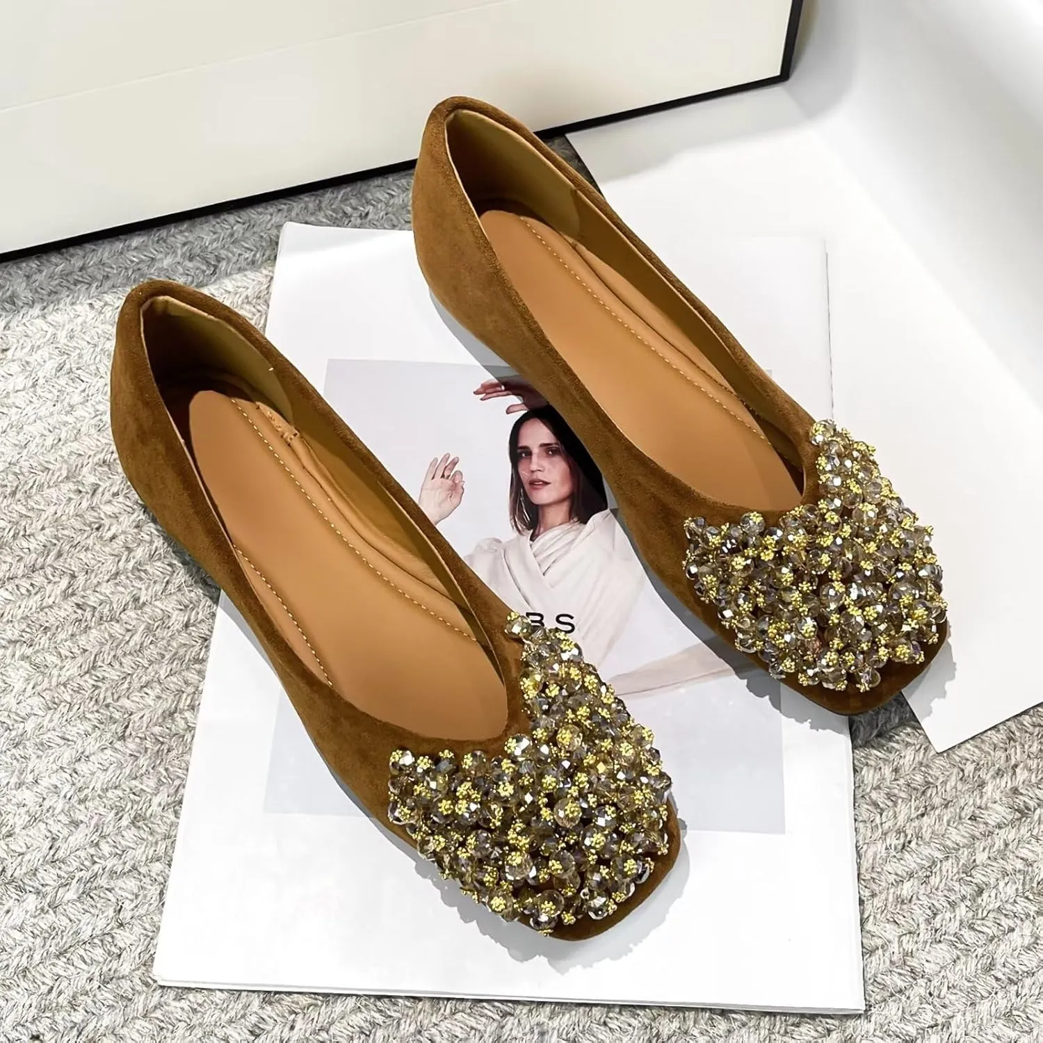 SAILING LU Womens Rhinestones Square Toe Ballet Flats Dressy Comfortable Flat Shoes Wedding Elegant Slip-Ons for Women