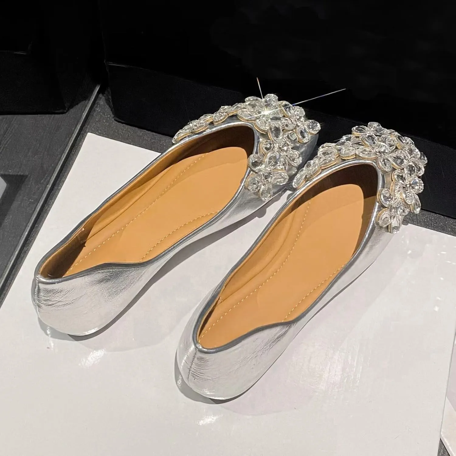 SAILING LU Womens Rhinestones Square Toe Ballet Flats Dressy Comfortable Flat Shoes Wedding Elegant Slip-Ons for Women