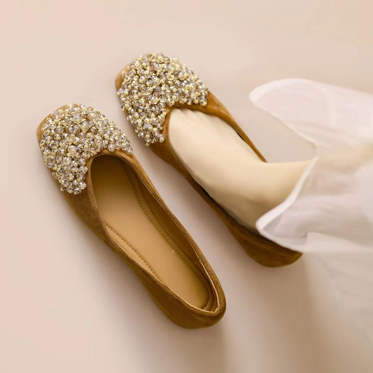 SAILING LU Womens Rhinestones Square Toe Ballet Flats Dressy Comfortable Flat Shoes Wedding Elegant Slip-Ons for Women