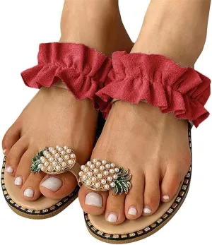 Sandals for Women Flat,Sweet Cute Pineapple Sandals Clip Toe Flip Flops Boho Casual Flat Slippers Beach Shoes