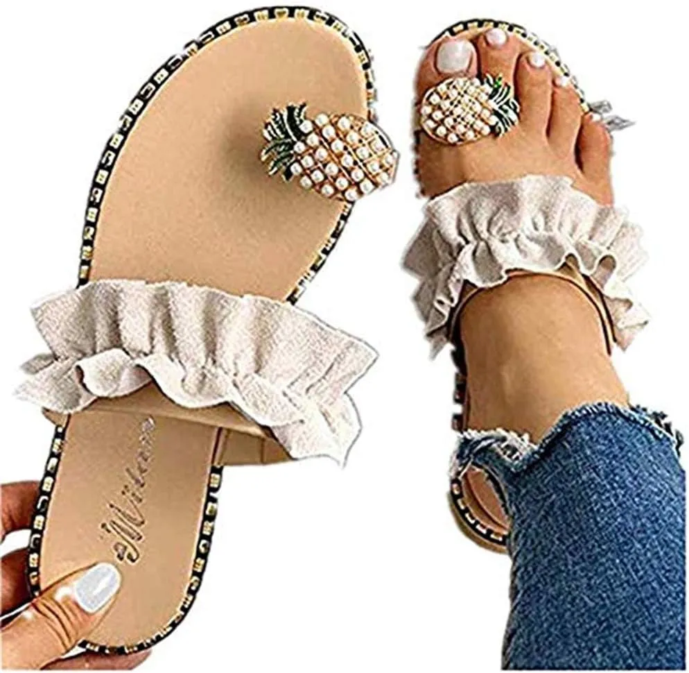 Sandals for Women Flat,Sweet Cute Pineapple Sandals Clip Toe Flip Flops Boho Casual Flat Slippers Beach Shoes