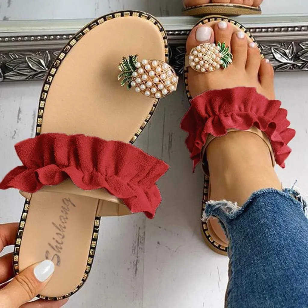 Sandals for Women Flat,Sweet Cute Pineapple Sandals Clip Toe Flip Flops Boho Casual Flat Slippers Beach Shoes