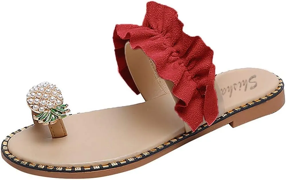 Sandals for Women Flat,Sweet Cute Pineapple Sandals Clip Toe Flip Flops Boho Casual Flat Slippers Beach Shoes