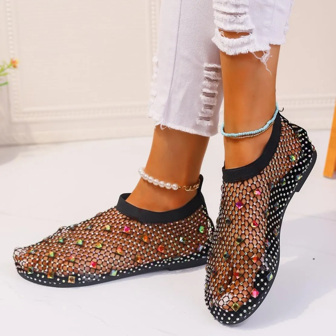 Shiny Gem Mesh Flats for Women, Sandals Dressy Summer Slip On Shoes, Sexy Cutout Sparkly Casual Wedding Dress Flats