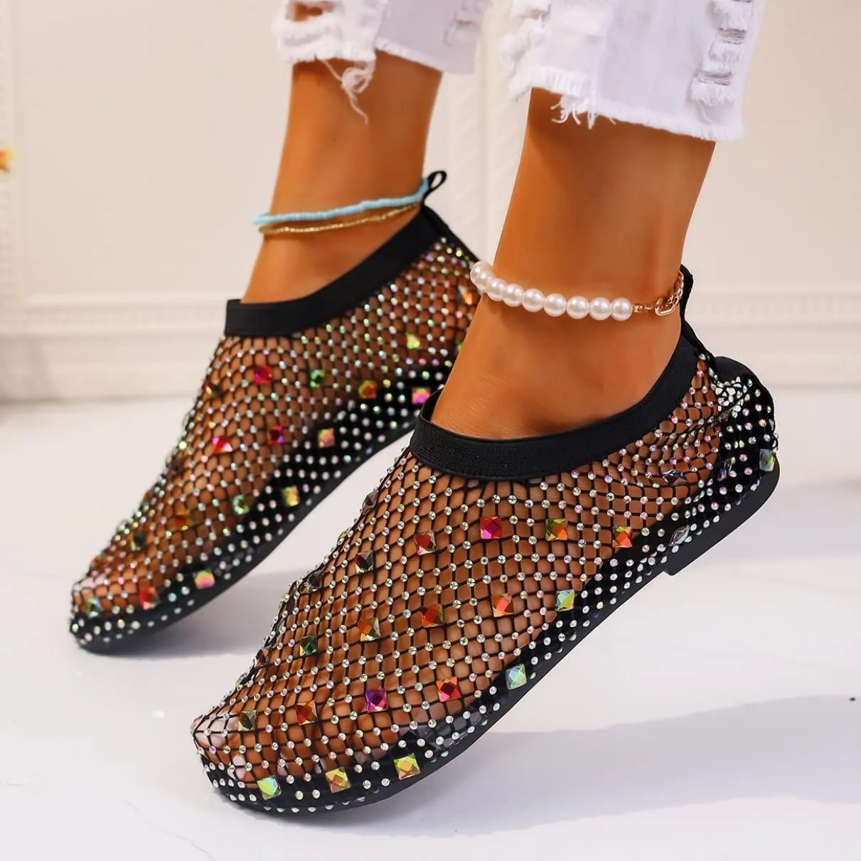 Shiny Gem Mesh Flats for Women, Sandals Dressy Summer Slip On Shoes, Sexy Cutout Sparkly Casual Wedding Dress Flats