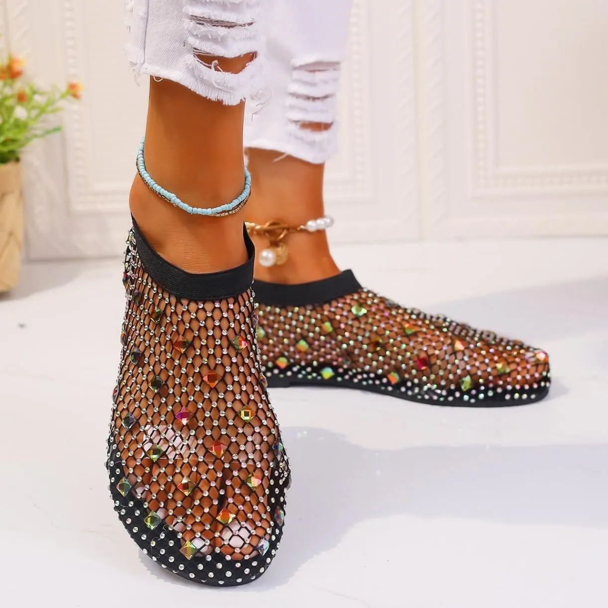 Shiny Gem Mesh Flats for Women, Sandals Dressy Summer Slip On Shoes, Sexy Cutout Sparkly Casual Wedding Dress Flats